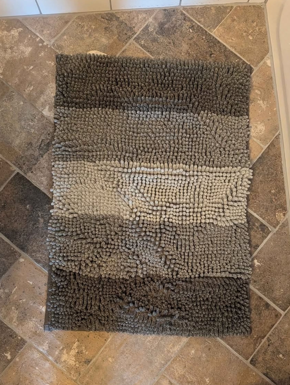 Striped Chenille Bath Rug in Gray and Cream
